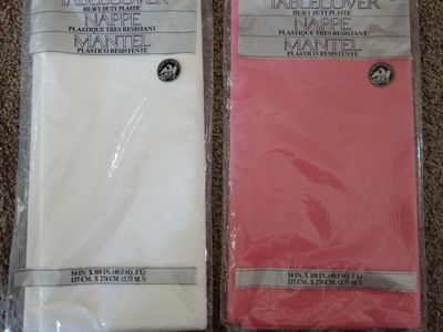 Heavy Duty Plastic Tablecovers 54 In x 108 In White and Pink Lot Of Two