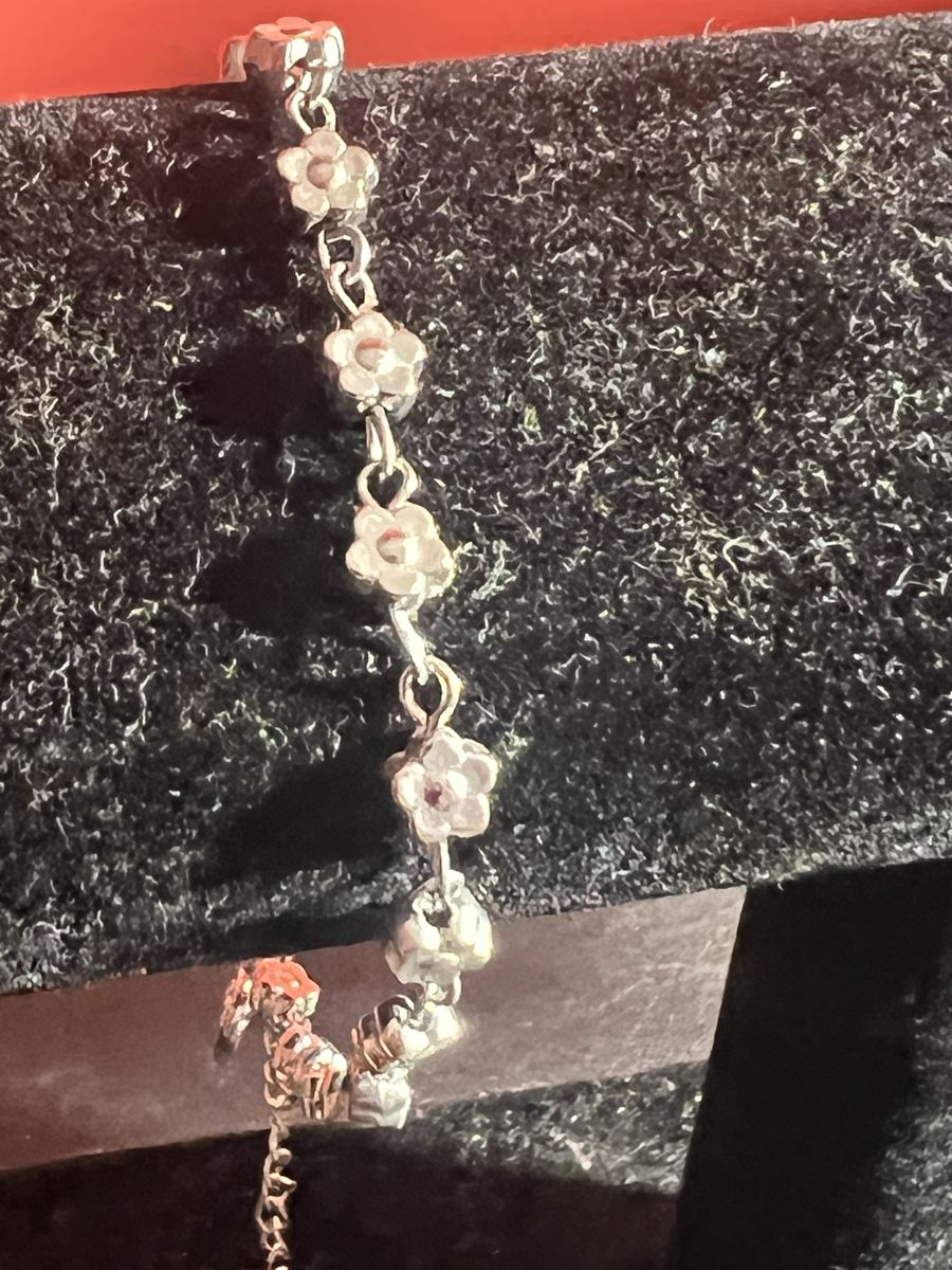 Silver-Tone Flower Chain Bracelet with Heart Charm, Adjustable