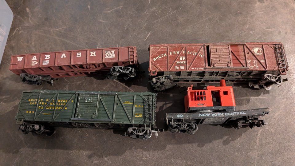 Parts or Repair Trains. Vintage Model Train Cars - Wabash, Northern Pacific, Arctic Oil Works, New York Central
