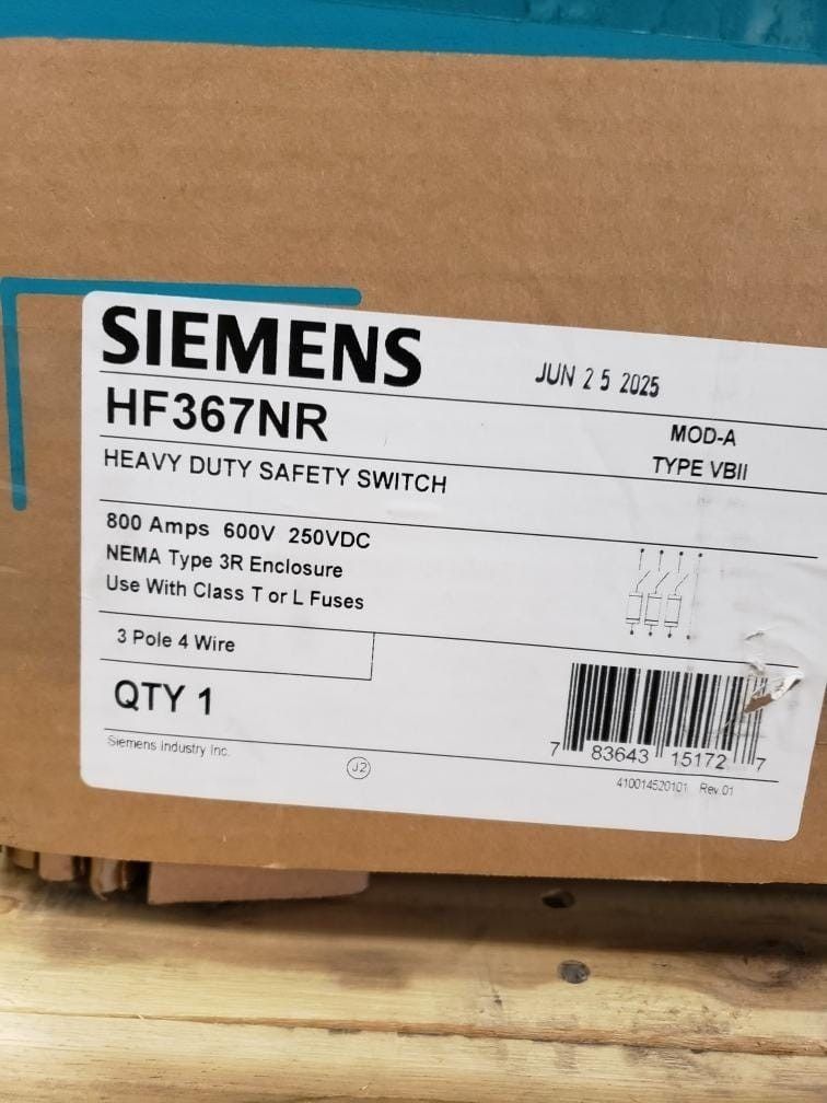 Siemens HF367NR Heavy-Duty Safety Switch, 800 A, 600 V, 3-pole, 4-wire, NEMA