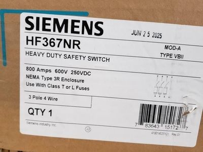 Siemens HF367NR Heavy-Duty Safety Switch, 800 A, 600 V, 3-pole, 4-wire, NEMA