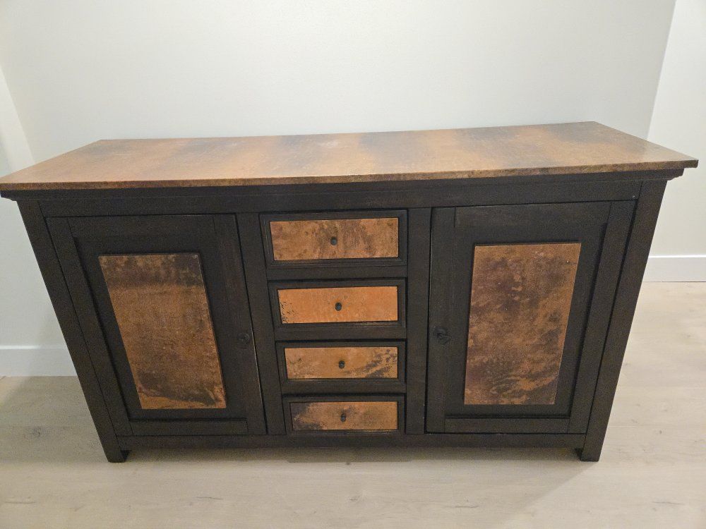  High-End Rustic Wood Credenza Sideboard with Hammered Copper Top