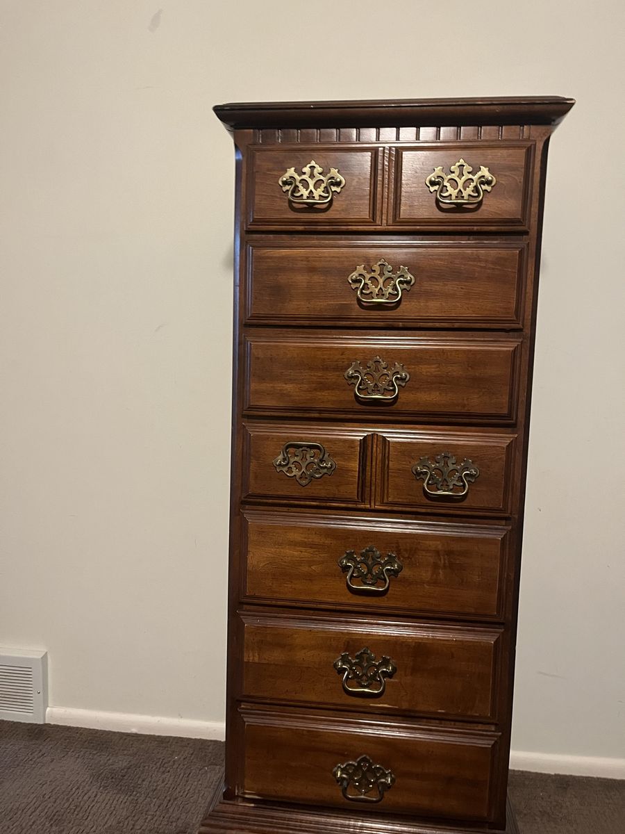 Vintage Style Solid Wood Tallboy Lingerie Chest Dresser with Brass Hardware