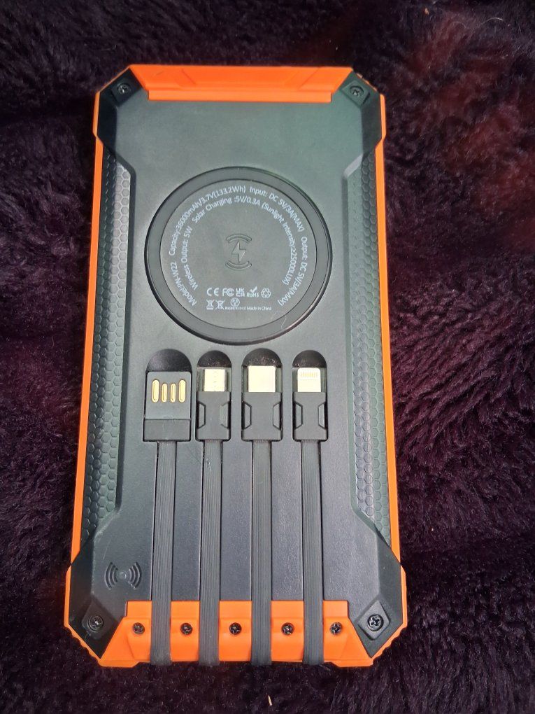 Solar Power Bank 20000mAh Portable Charger with Wireless Charging & Built-in Cables