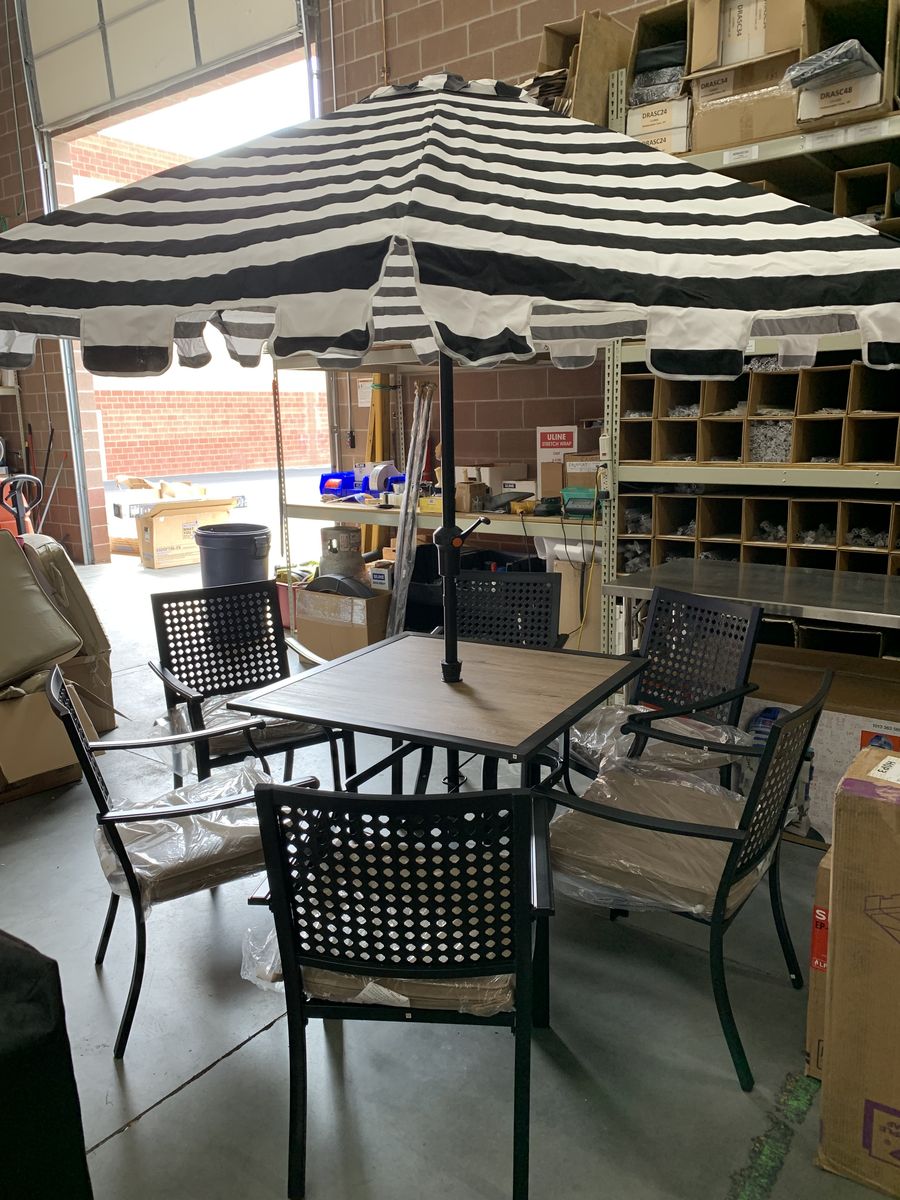 Hampton Bay 9 ft. Aluminum Market Crank and Auto-Tilt Patio Umbrella in Cabana Black and White Stripe with Trim