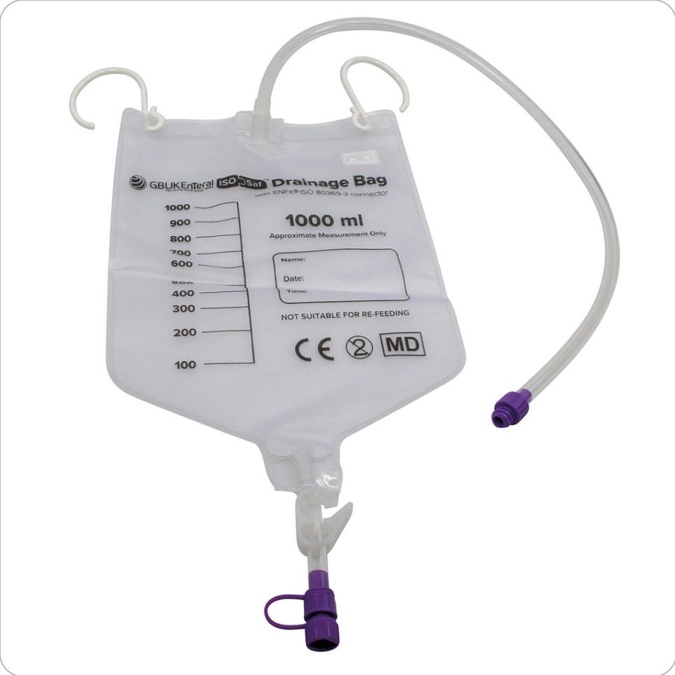 Box of 19 New GBUKE ENTERAL Drainage Bags with 50 cm Inlet Tubing and Funnel Connector, 1000 mL