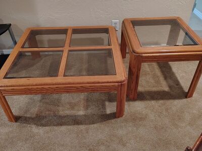 Oak wood and glass coffee table and end table