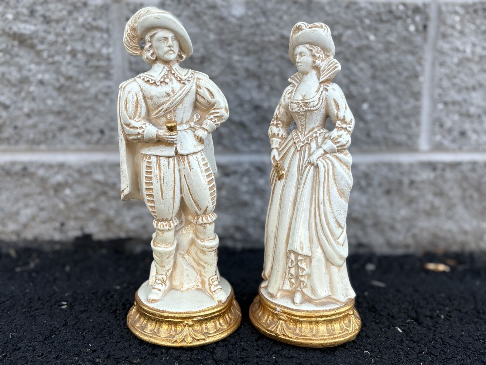 Antique knight and lady, Victorian, chalk ware decorative figurines vintage medieval