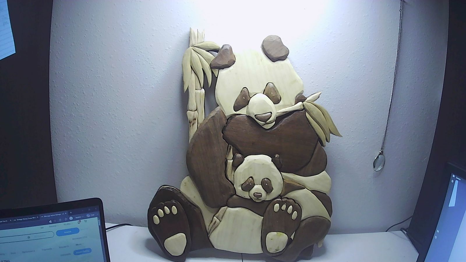 Handcrafted Wooden 3D Intarsia Panda Mother and Baby 16"x19"x1.5"