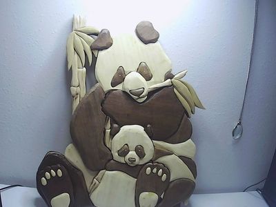 Handcrafted Wooden 3D Intarsia Panda Mother and Baby 16"x19"x1.5"