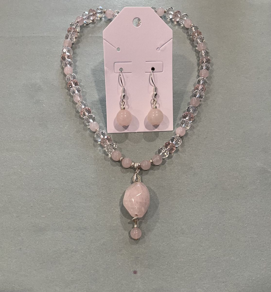 Rose Quartz Beaded Pendant Necklace & Matching Earring Wedding Set