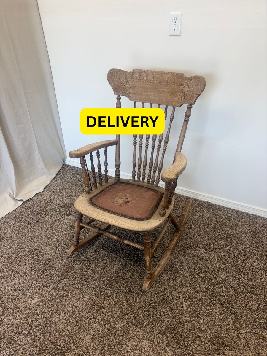 DELIVERY - Vintage Wooden Rocking Chair with Carved Back & Floral Seat Cushion