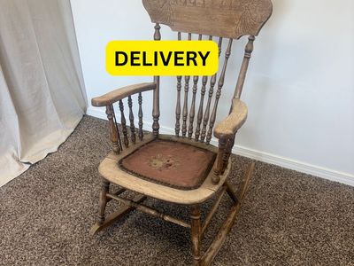 DELIVERY - Vintage Wooden Rocking Chair with Carved Back & Floral Seat Cushion