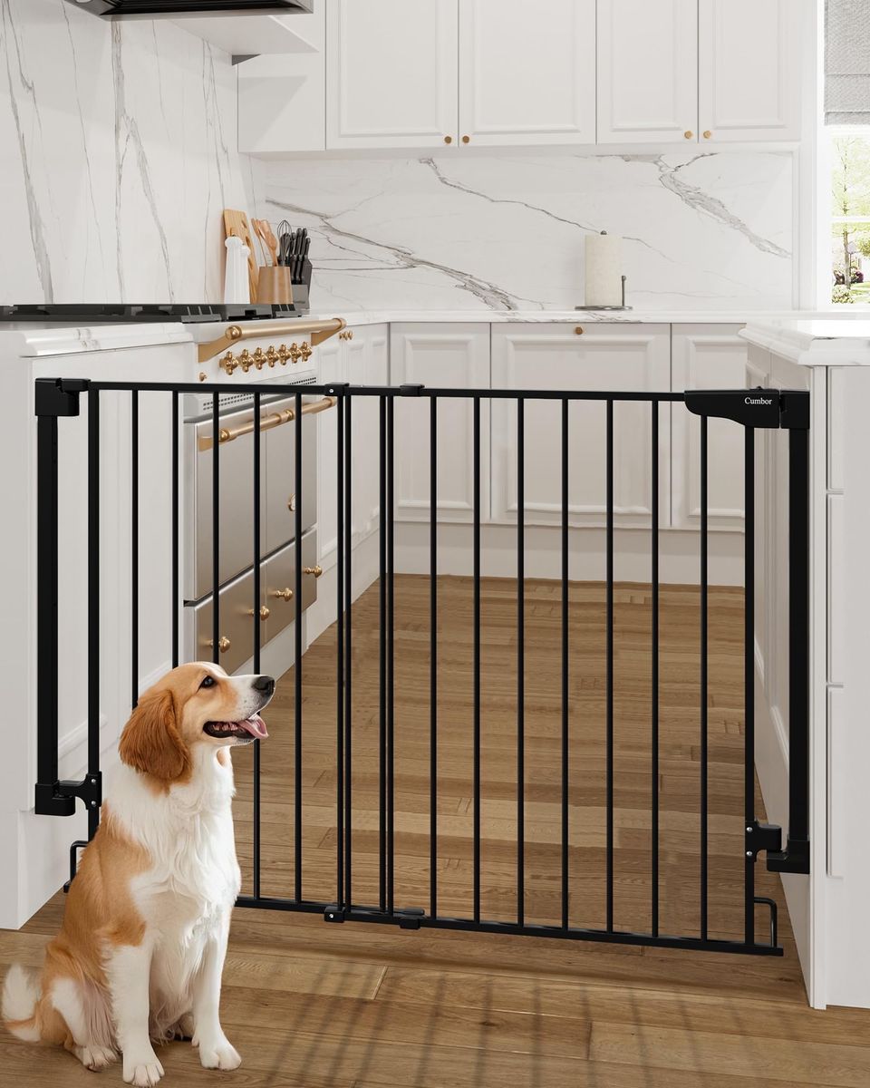 Camber Adjustable Extra Wide Pet Dog Gate with Walk-Through Door, Black, Pressure Mounted