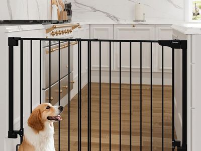 Camber Adjustable Extra Wide Pet Dog Gate with Walk-Through Door, Black, Pressure Mounted
