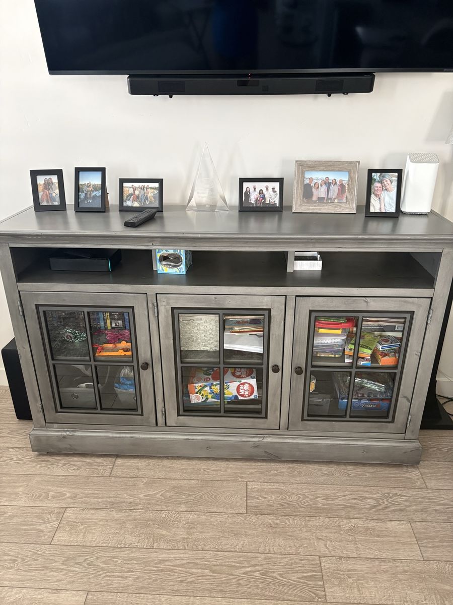Gray Wood Media Console TV Stand with Glass Cabinet Doors and Shelves