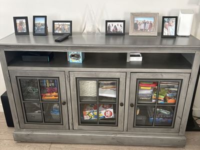Gray Wood Media Console TV Stand with Glass Cabinet Doors and Shelves