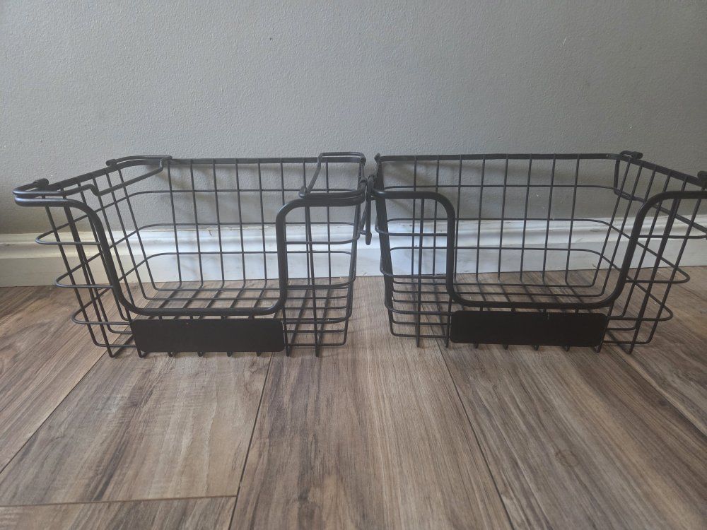 Black Metal Wire Stackable Storage Baskets - Set of 2, Farmhouse Industrial Style