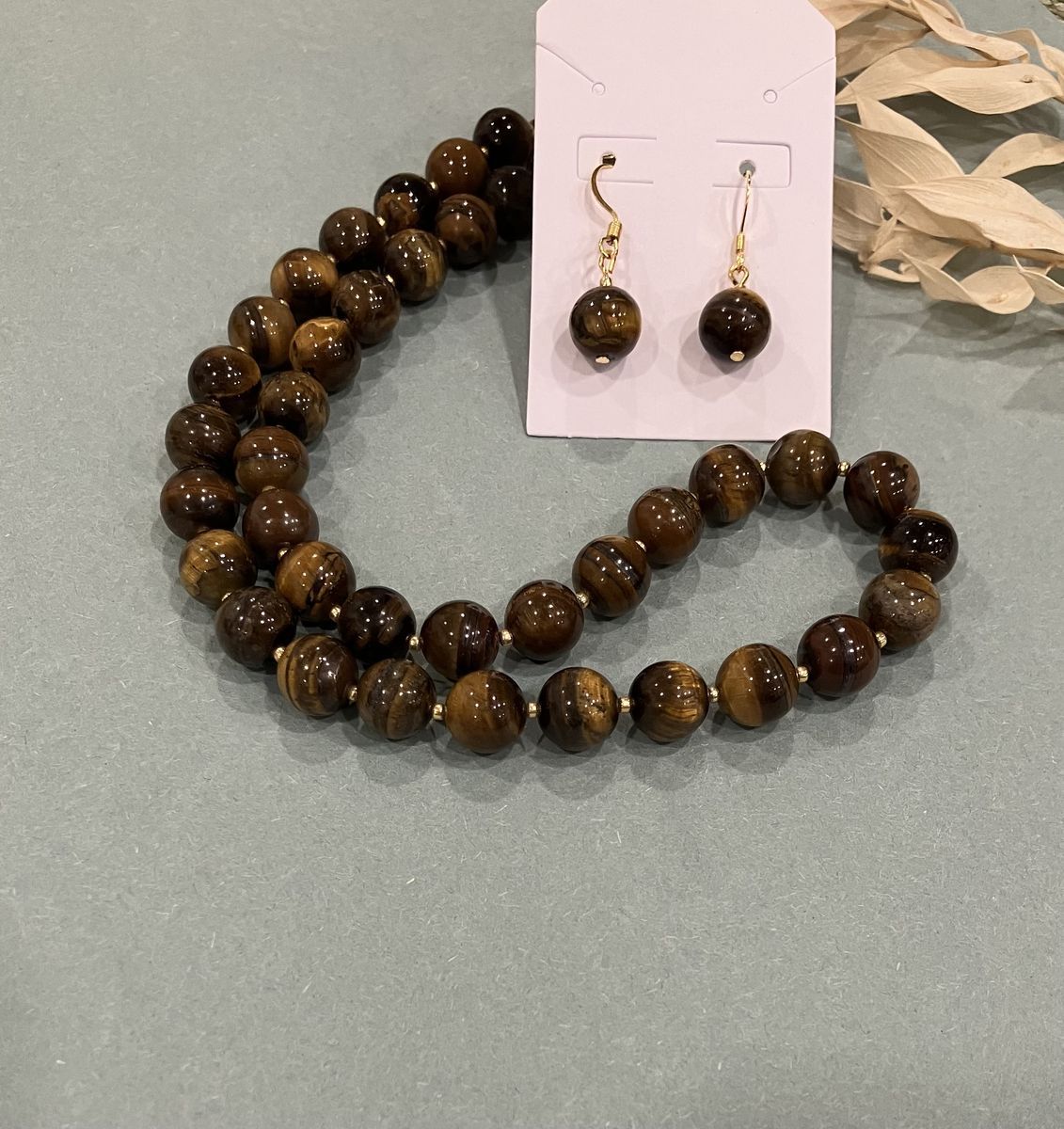 Tiger Eye Beaded Necklace & Drop Style Matching Earrings