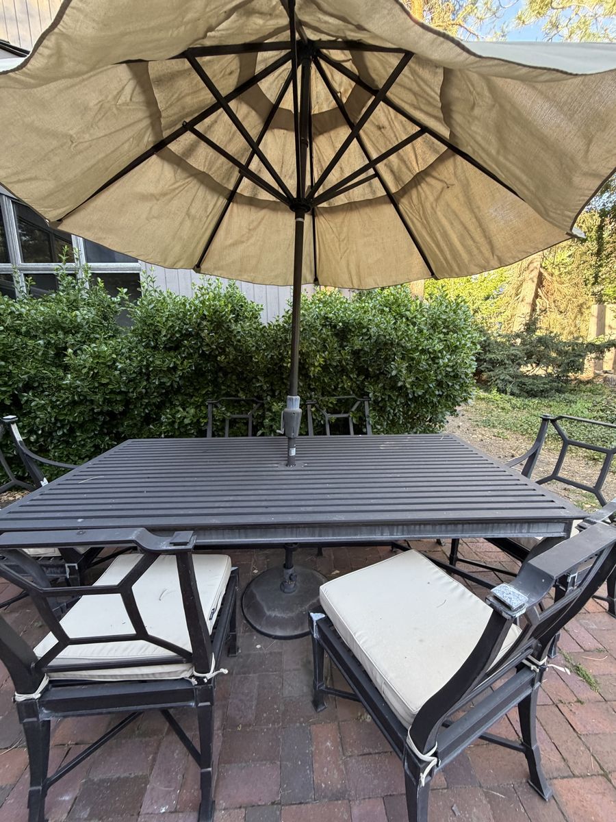 Patio Dining Set - Metal Table, 6 Chairs with Cushions & Umbrella - Outdoor Furniture