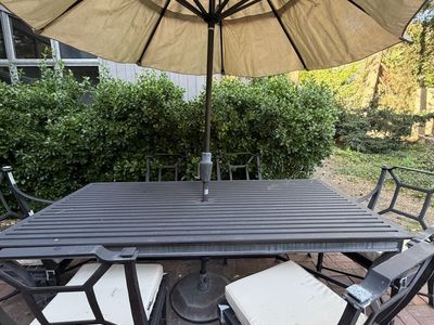 Patio Dining Set - Metal Table, 6 Chairs with Cushions & Umbrella - Outdoor Furniture