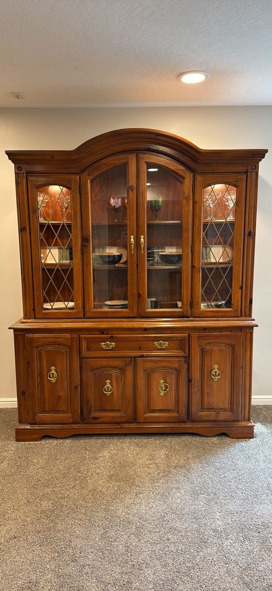 Vintage Wooden China Cabinet & Buffet Hutch with Glass Display Doors, 80" Tall