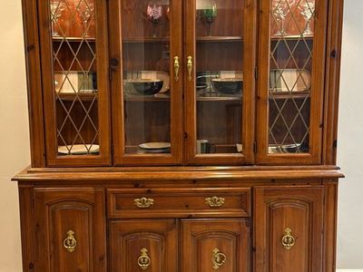 Vintage Wooden China Cabinet & Buffet Hutch with Glass Display Doors, 80" Tall