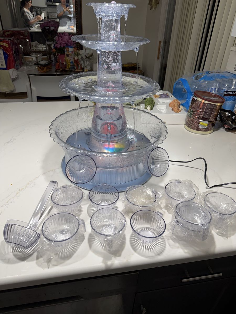 Clear Plastic Illuminated Party Beverage Fountain with Cups and Ladle
