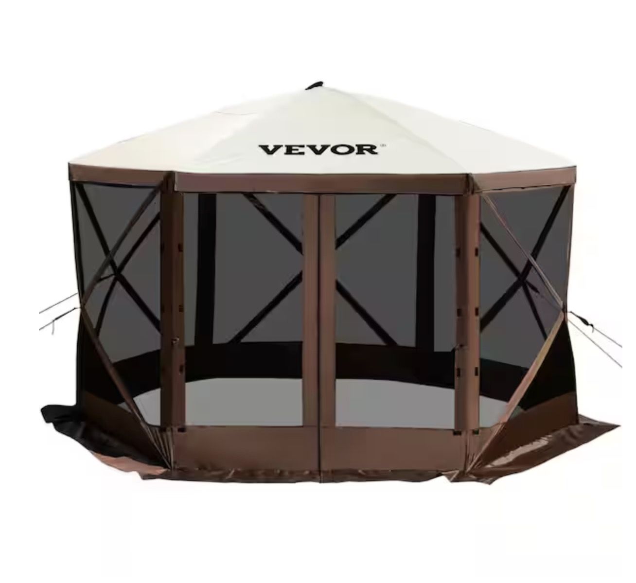 VEVOR Camping Gazebo Tent 12 ft. x 12 ft. 6 Sized Pop-Up Canopy Screen Shelter Tent with Mesh Windows for Camping, Brown/Beige