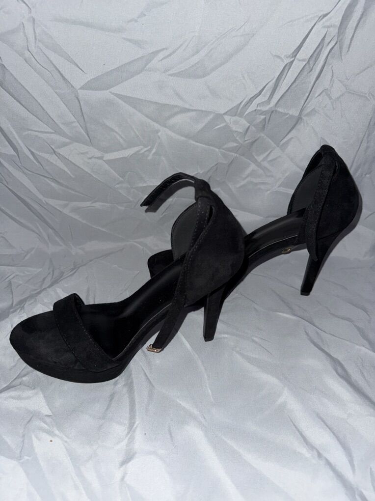 Black Ankle Strap Faux Suede Heels