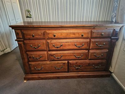 Vintage Solid Wood 11-Drawer Dresser/Bureau - Rustic Finish, Brass Pulls