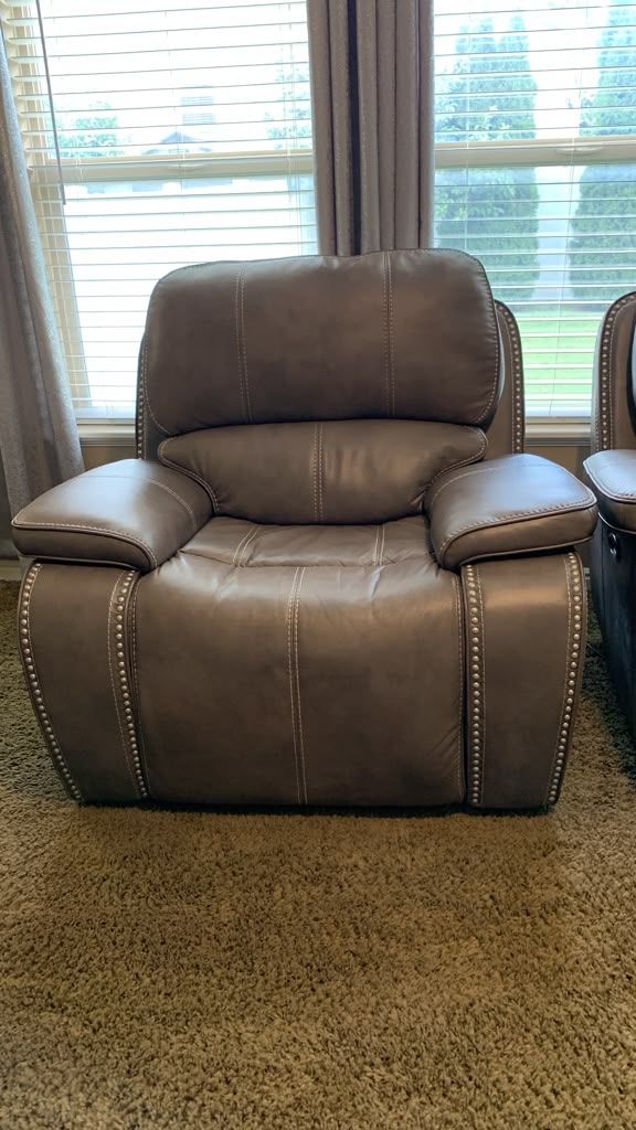 Used Grey Leather Recliner with Nailhead Trim & White Stitching - Excellent Condition