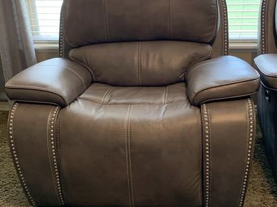 Used Grey Leather Recliner with Nailhead Trim & White Stitching - Excellent Condition