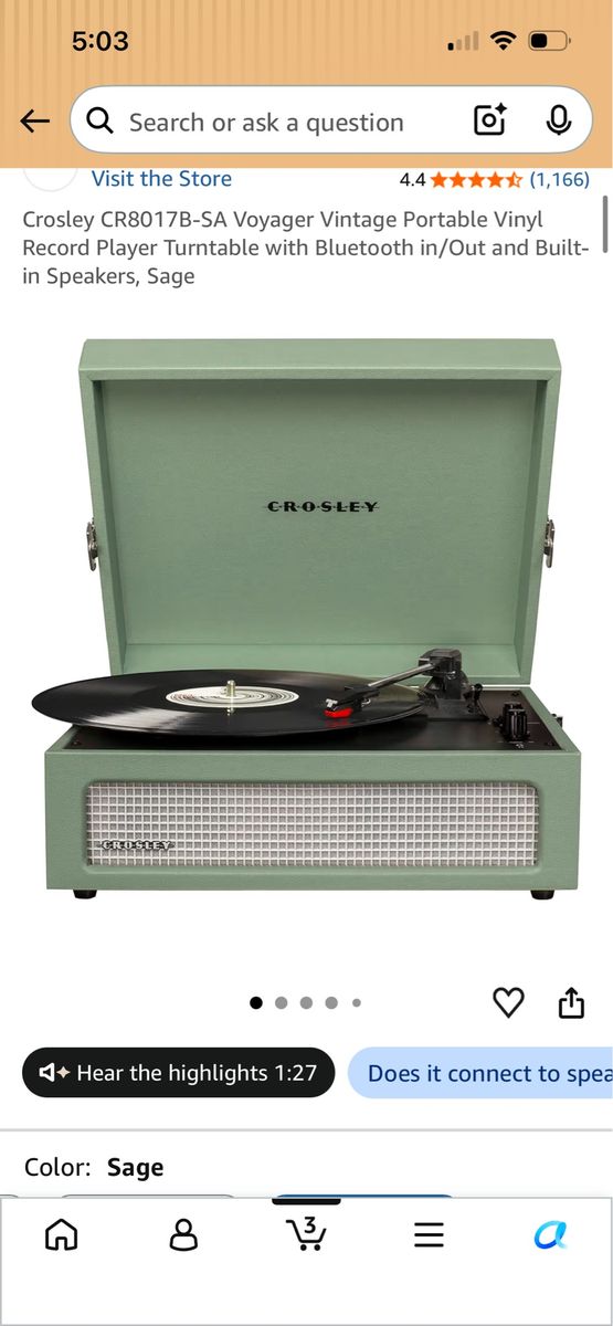 Crosley CR8017B-SA Voyager Vintage Portable Vinyl Record Player Turntable with Bluetooth in/Out and Built-in Speakers, Sage