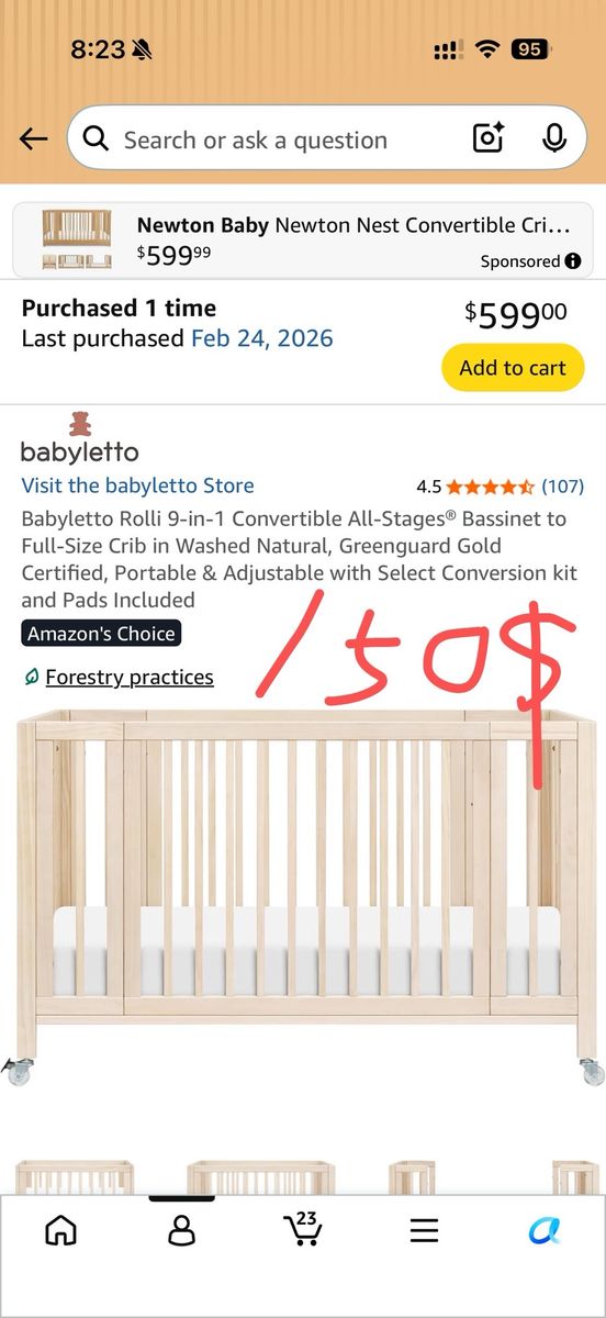 Babyletto Rolli 9-in-1 Convertible Bassinet & Crib - Washed Natural