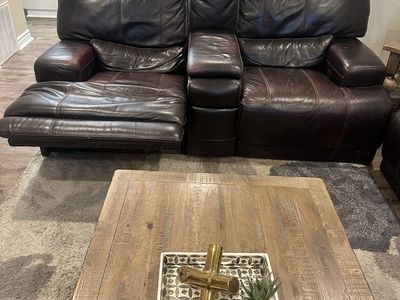 Used Brown Leather Reclining Loveseat with Center Console