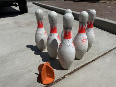 Plastic Coated Bowling Pins (6) with bouncing Ball - Used Set for target practice