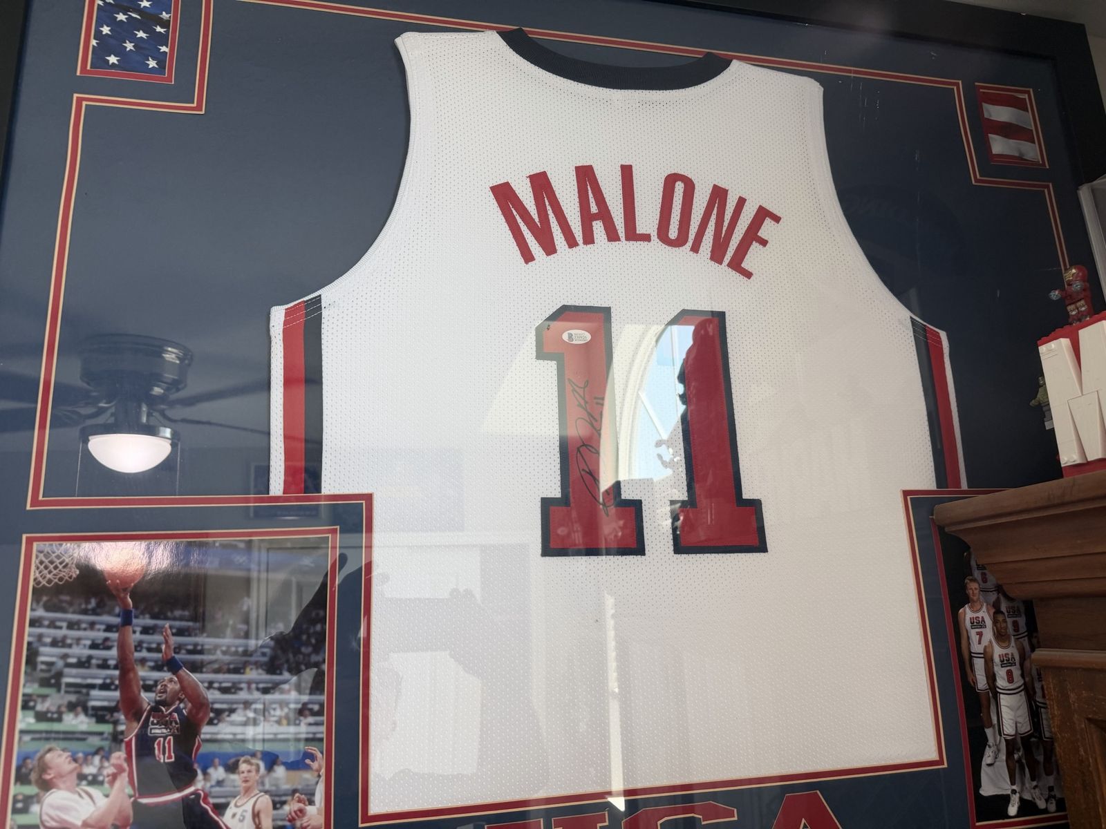 Framed Autographed Karl Malone Team USA #11 Basketball Jersey - Beckett COA