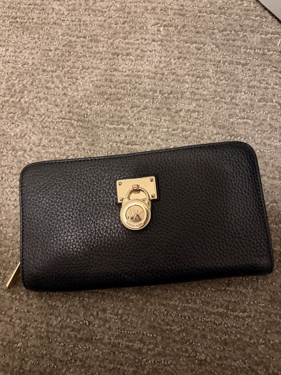 Michael Kors Black Leather Zip Around Wallet with Gold Padlock Hardware