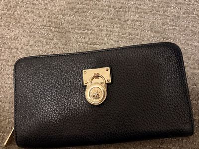 Michael Kors Black Leather Zip Around Wallet with Gold Padlock Hardware