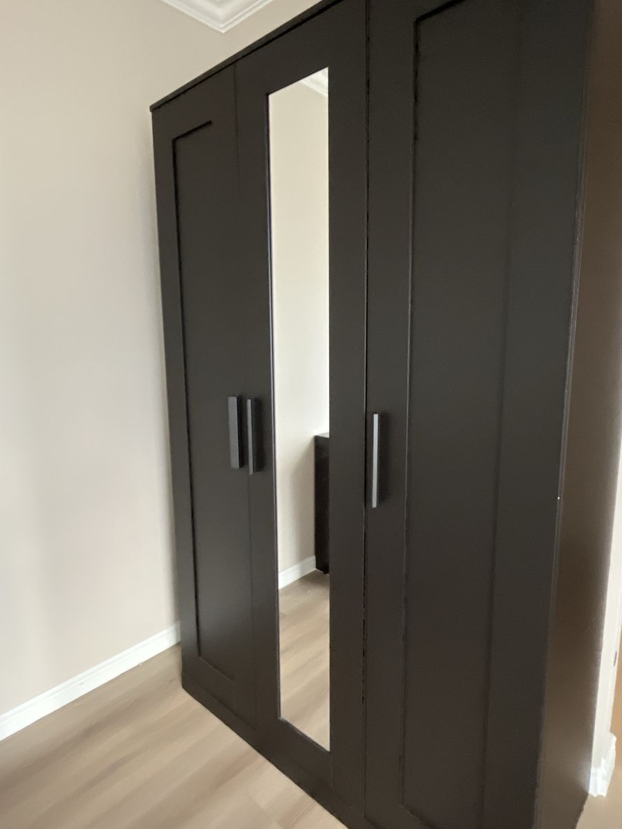 Black 3-Door Armoire Wardrobe with Center Mirrored Door and Shelving
