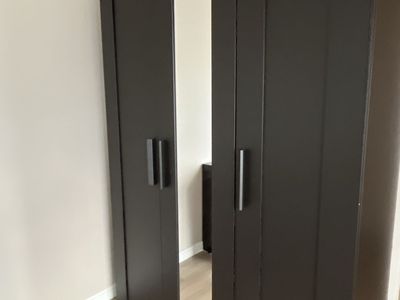 Black 3-Door Armoire Wardrobe with Center Mirrored Door and Shelving