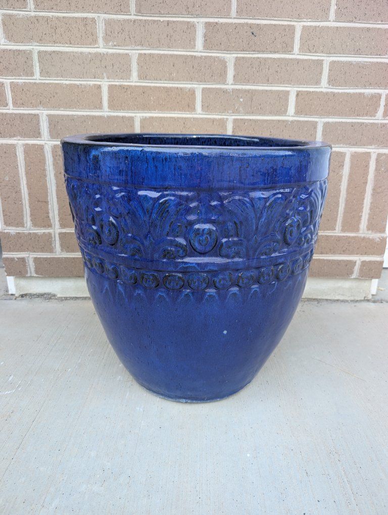 Large Blue Glazed Ceramic Planters 21 Inch Tall Outdoor Pots (2)