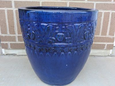 Large Blue Glazed Ceramic Planters 21 Inch Tall Outdoor Pots (2)