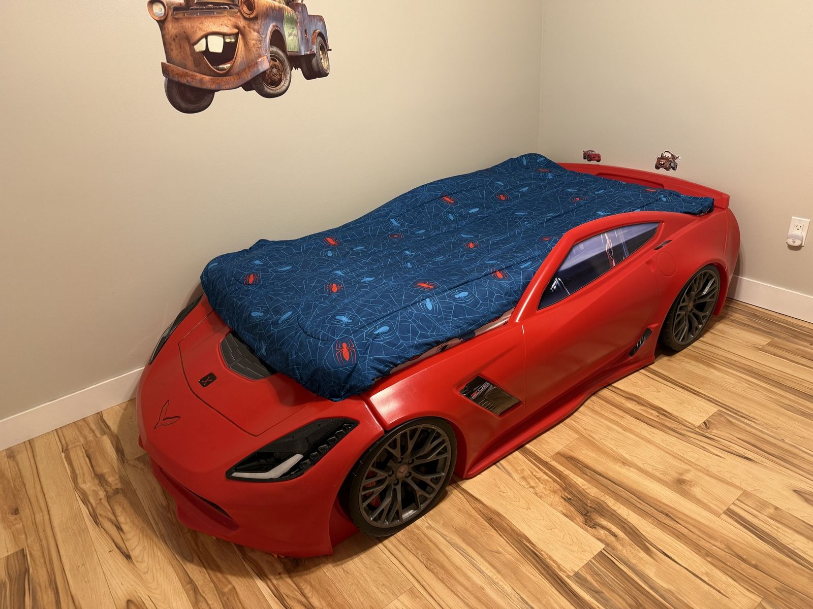 Kids Car Bed Corvette Z06 Twin with Realistic Rims & Working Headlights, Red