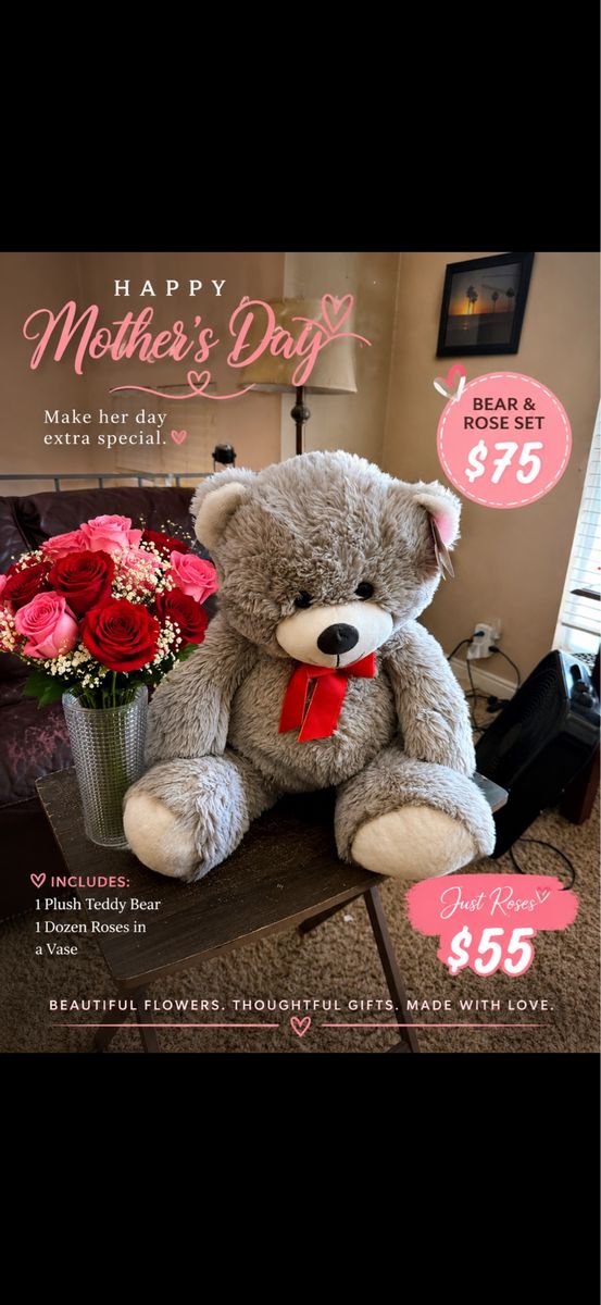 1 bear and a dozen of roses with vase / reusable cup $75..00 full dozen $60.00 half dozen or $50.00 for just bear 8012305929