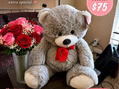 1 bear and a dozen of roses with vase / reusable cup $75..00 full dozen $60.00 half dozen or $50.00 for just bear 8012305929