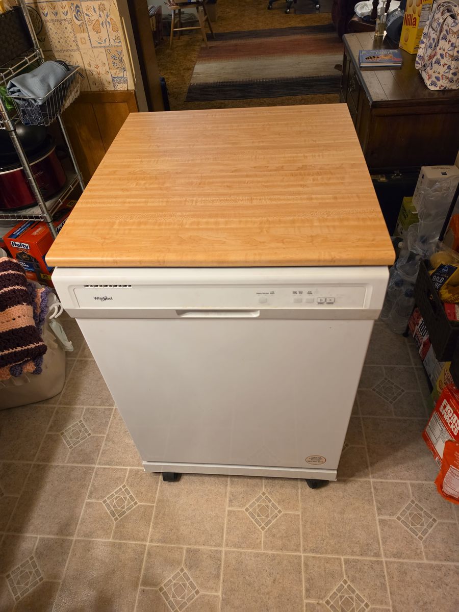 Whirpool White Portable Dishwasher, Wood Top