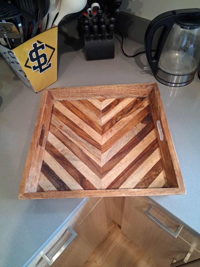 Wooden Chevron Pattern Serving Tray with Cutout Handles