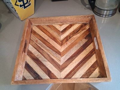 Wooden Chevron Pattern Serving Tray with Cutout Handles